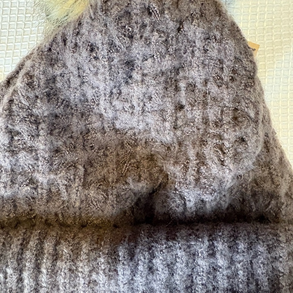 C.C Brown Knit Beanie with Faux Fur Pom - Picture 13 of 14